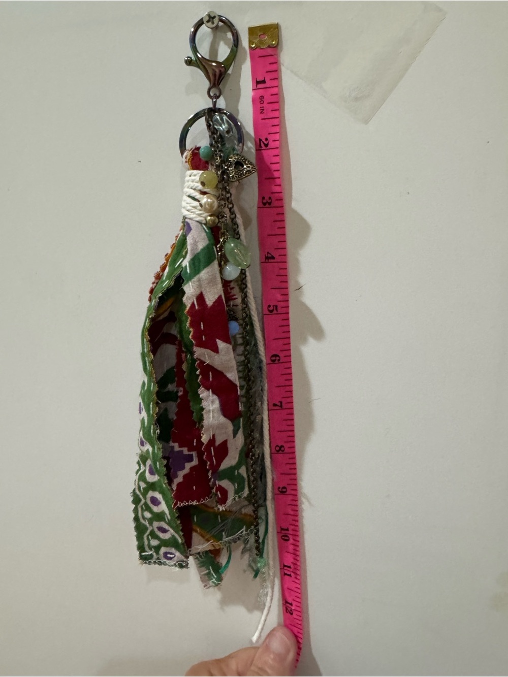Boho Tassel Keychain with Mixed Fabric Strips - Red, Green, White